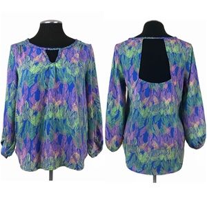 American Eagle - Pastel Neon Feather Print Peasant Open Back Blouse - Small
